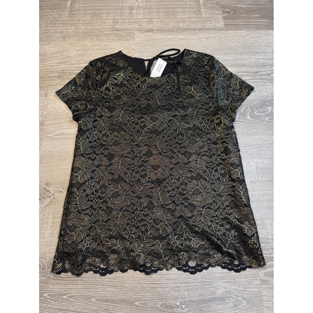Banana Republic Womens Black Gold Metallic Floral Lace Top Blouse sie small